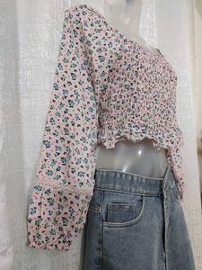 River Island -Floral Smocked Crop Top - Y2K Style