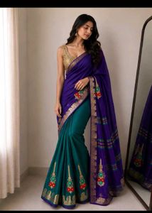 Teal Embroidered Saree no blouse