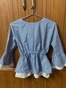Striped Peplum Tie-Neck Top