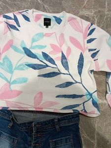 Floral Print Cropped Sweatshirt &amp; Bell Bottom Jean