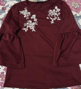 Maroon Embroidered Top With Bell Sleeves