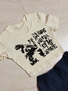 Graphic Print Crop Top &amp; Denim Skirt Set