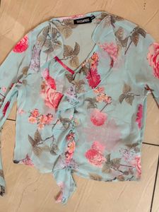 Chic Floral Bell Sleeve Tie-Front Blouse