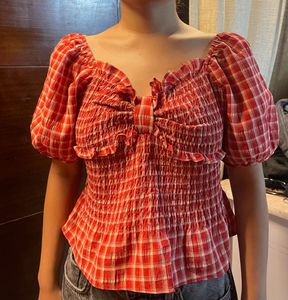 Red Plaid Smocked Puff Sleeve Top