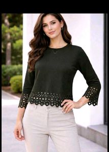 Chic Laser-Cut Hem Long Sleeve Top