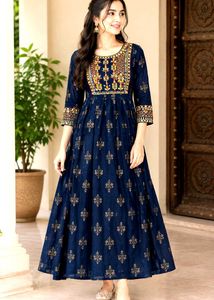 Elegant Navy Blue Kurta with Gold Print