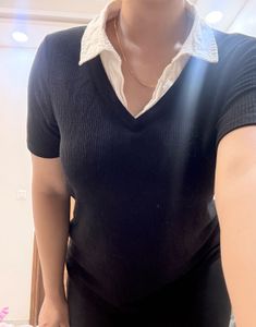 Black V-Neck Ribbed Top with White Collar