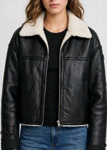 Cropped Aviator Sherpa Jacket-Black/Cream
