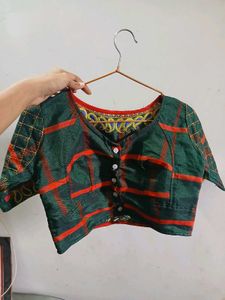 Dark Green &amp; Red Checkered Embroidered Silk Blouse