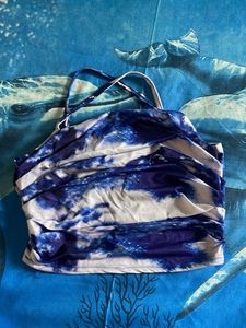 Stylish Blue & White Print Ruched Top