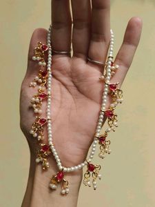 Pearl &amp; Red Stone Necklace Set