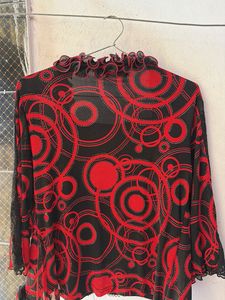 Chic Black &amp; Red Sequin Top with Ruffle Trim