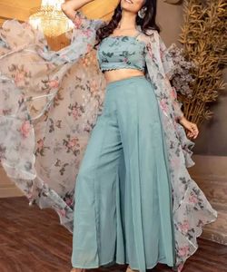 Floral Crop Top, Palazzo Pants &amp; Shrug Set