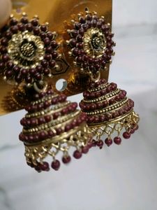 Maroon &amp; Gold Jhumka Earrings