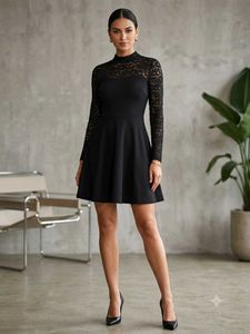 Black Lace High-Neck Fit and Flare Skater Dress