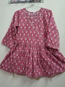 Pink Floral Print Angrakha Kurti