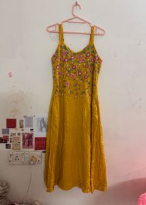 yellow embroidered midi dress