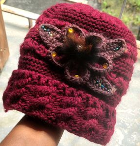 Burgundy Knit Beanie with Floral Embellishment