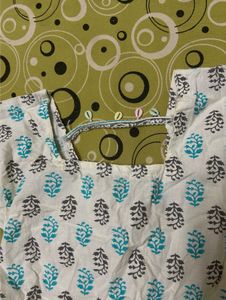 White Kurta with Blue &amp; Grey Print
