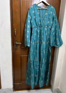 Teal Ethnic Gown/Dress with Gold Print