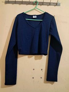 Blue V-Neck Cropped Long Sleeve Top