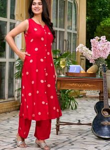 Red Polka Dot Sleeveless Kurta Set