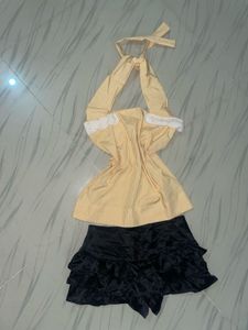 Yellow Gingham Halter Top with Black Ruffle Skirt