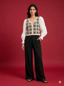 Crochet Knit Vest with White Puff Sleeve Top