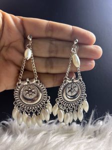 Boho Silver Dangle Earrings with Pearls