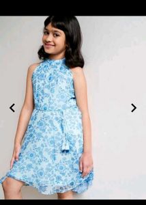 Global Desi Blue Floral Halter A line Kids Dress