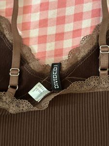 Brown Ribbed Lace Trim Cami Top