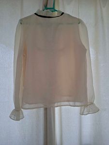 Sheer White Blouse with Black Ribbon Detail