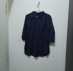 Anasazi navy blue with white polka dots print Top
