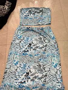 Blue Abstract Print Strapless Top & Skirt Set