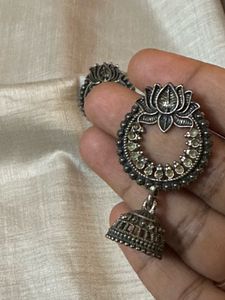 🖤Antique Silver Lotus Jhumka Earrings | Oxidised