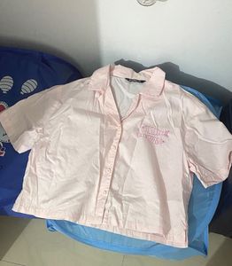 Cute Pink Fish Embroidered Button-Up Shirt
