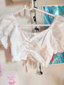 White Ruched Puff Sleeve Crop Top