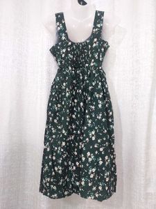 Dark Green Floral Print cotton Stretchable Dress