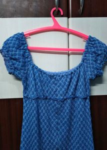 Blue Patterned Puff Sleeve Mini Dress