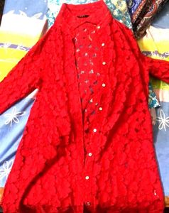 Red Lace Button-Down Shirt