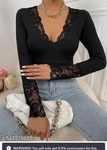 Lace Trim V-Neck Ribbed Long Sleeve Top