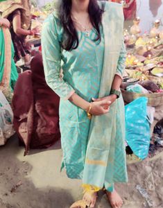Elegant Aqua &amp; Gold Printed Kurti Set