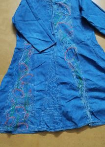 Denim dress / kurta with machine embroidery