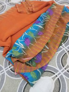 Vibrant Orange &amp; Blue Floral Saree