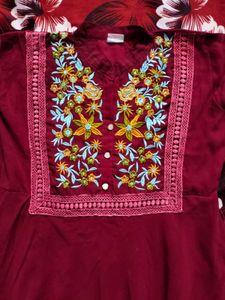 Maroon Embroidered long frock kurta Kurt