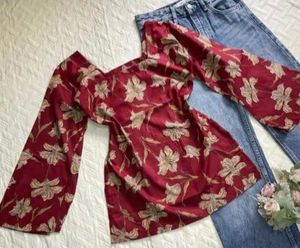 Burgundy Floral Bell Sleeve Top