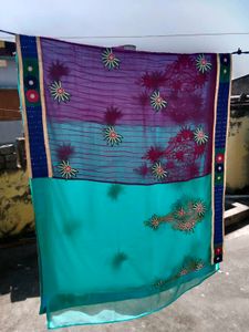 Elegant Teal Embroidered Saree &amp; Blouse
