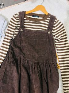 Women's Striped Long Sleeve Top & Brown Overalls