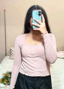 Cute Pink Ribbed Long Sleeve Top