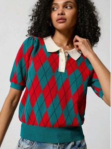 SHEIN Retro Argyle Polo Pattern Puff Sleeve Knit T